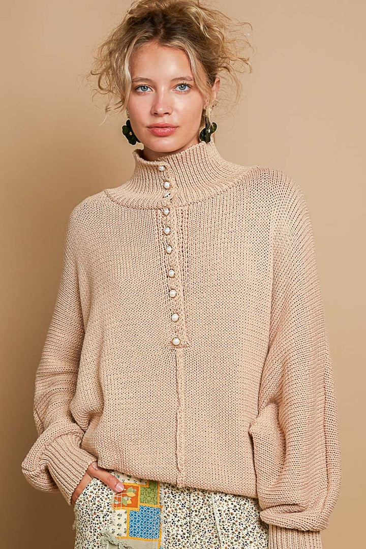 POL Pearl Detail Turtleneck Long Sleeve Sweater