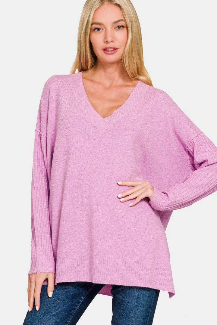 Zenana Pullover mit V-Ausschnitt und seitlichem Schlitz