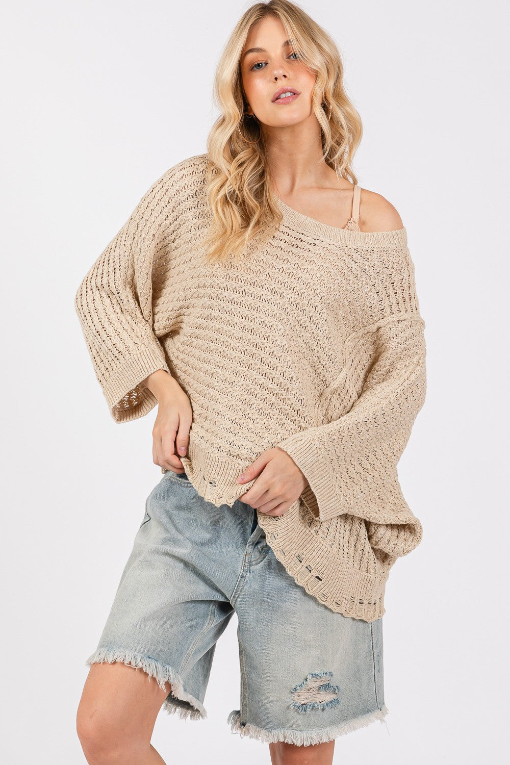 SAGE + FIG Distressed Asymmetrical Open Stitch Sweater