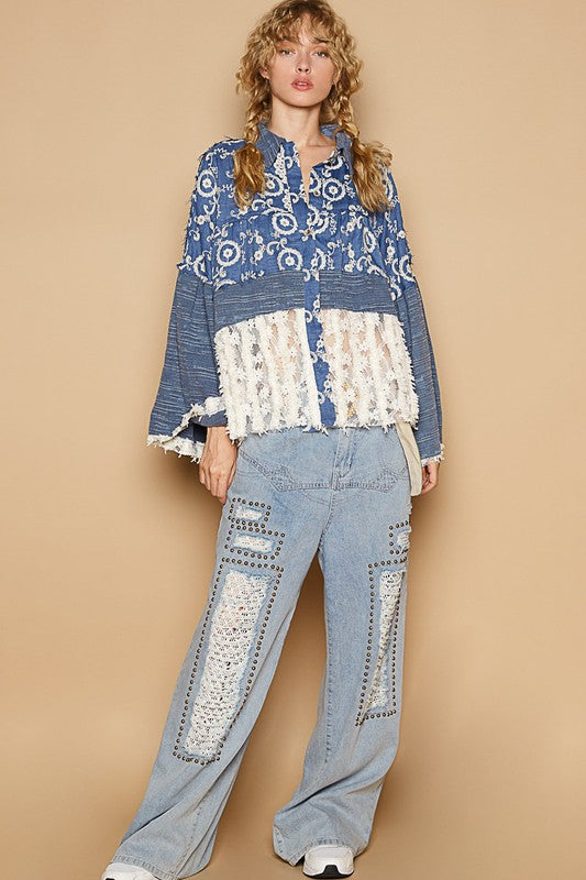 POL Lace Hem Embroidered Long Sleeve Shirt