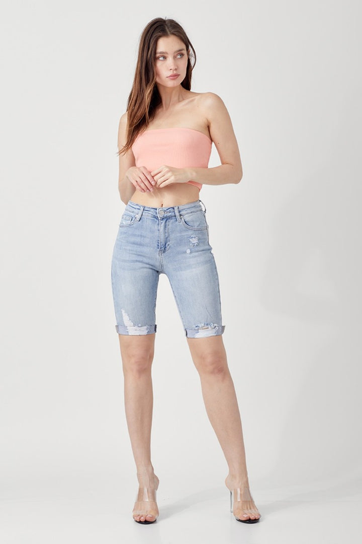 RISEN – Bermudashorts aus Distressed-Denim mit hohem Bund