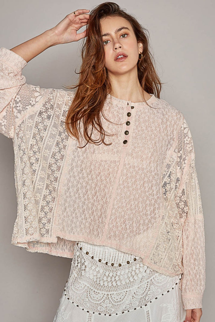 POL Round Neck Long Sleeve Raw Edge Lace Top