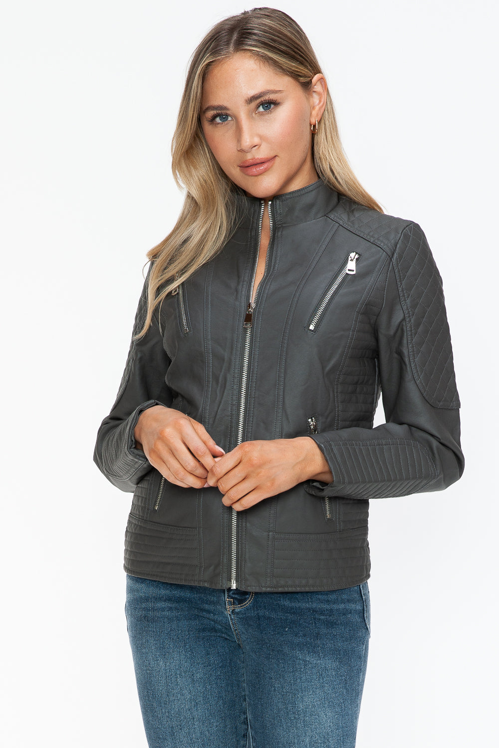 Salvia Ettore Faux Leather Zip Up Mock Neck Jacket