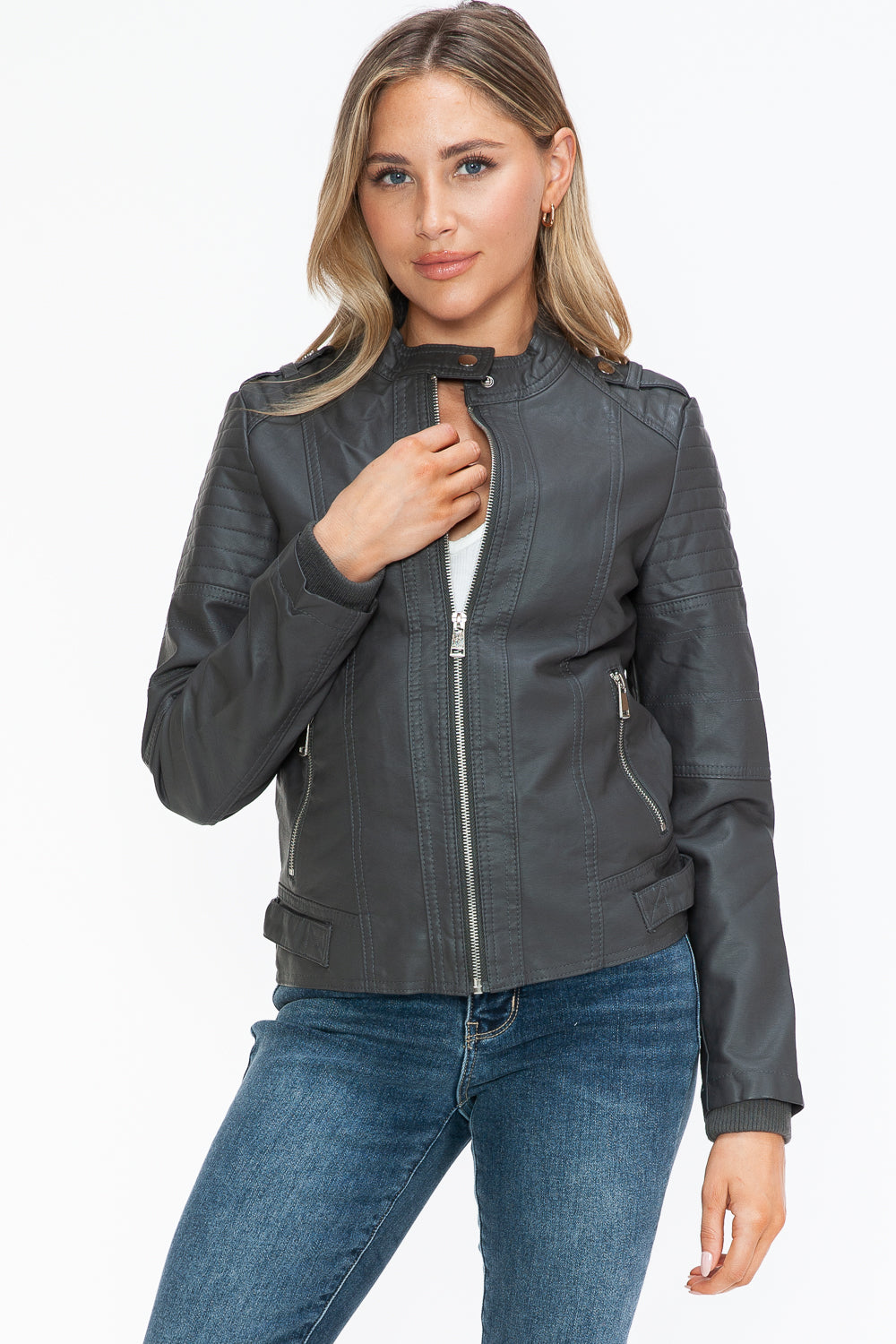 Salvia Ettore PU Leather Biker Jacket with Side Zip Pockets