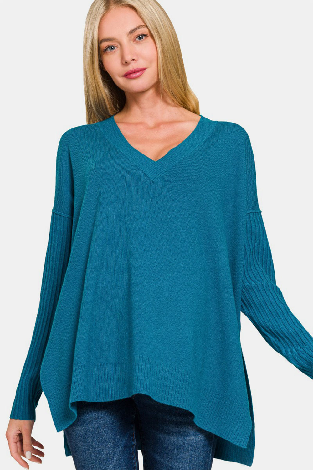 Zenana Pullover mit V-Ausschnitt und seitlichem Schlitz