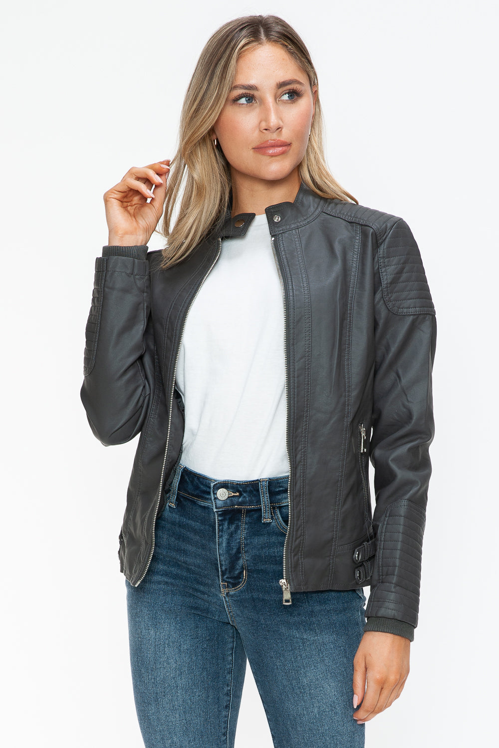 Salvia Ettore Faux Leather Biker Jacket with Side Zip Pockets