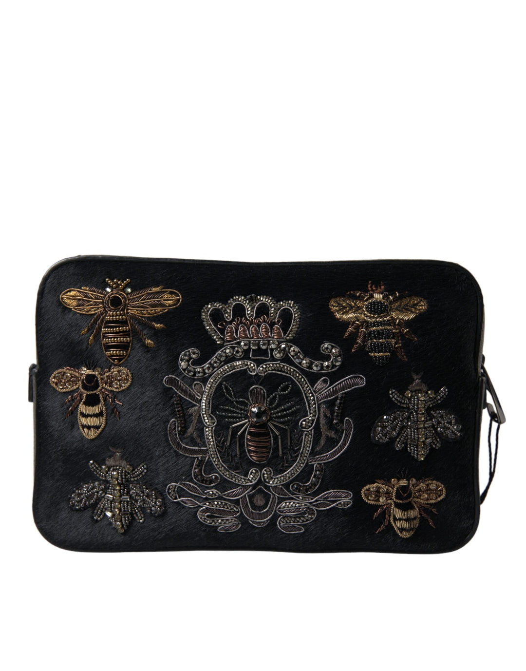 Dolce & Gabbana Elegant Black Leather Clutch with Bee Adornments