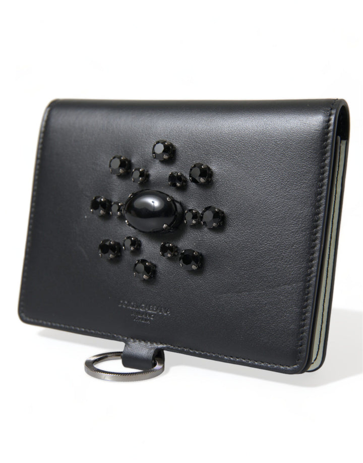 Dolce & Gabbana Elegant Black Leather Crystal Card Holder Wallet