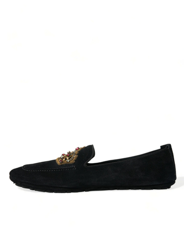 Dolce & Gabbana Black Calfskin Loafers with Crystals