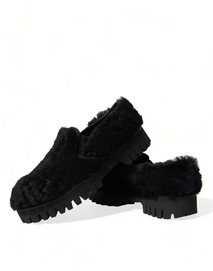 Dolce & Gabbana Elegant Black Fur Slip On Loafers for Men