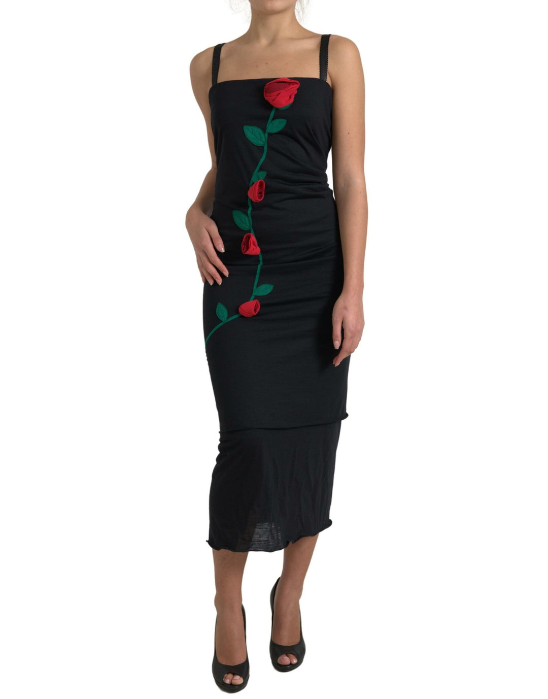 Dolce & Gabbana Elegant Wool Sheath Dress with Rose Applique