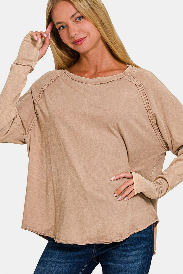 Zenana Round Neck Thumbhole Long Sleeve T-Shirt