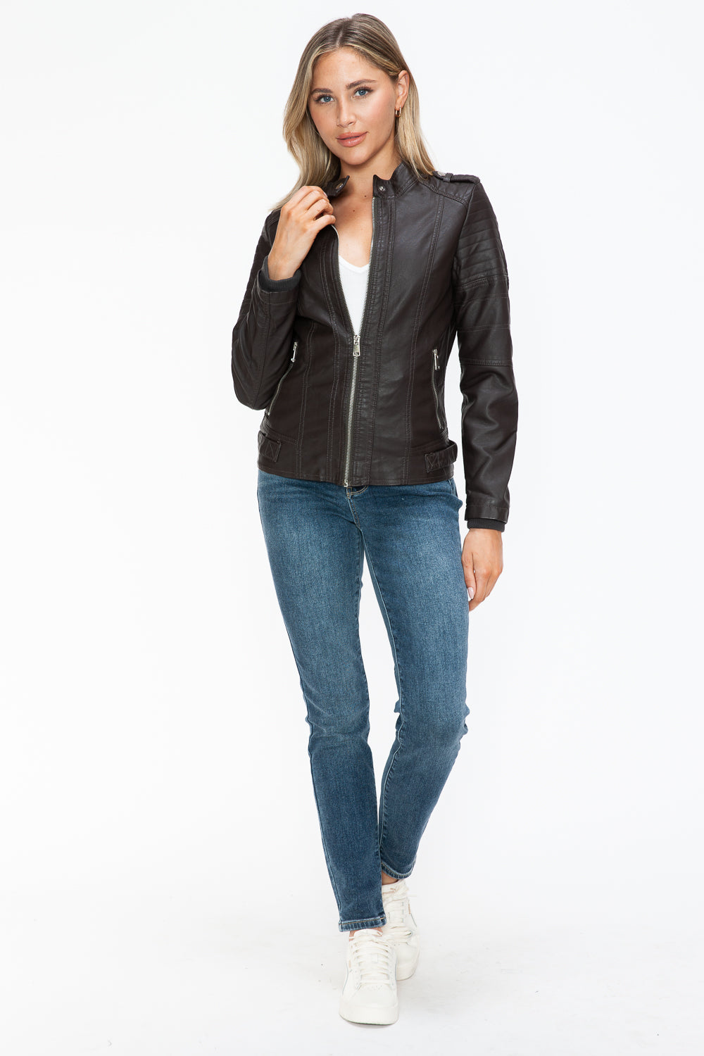 Salvia Ettore PU Leather Biker Jacket with Side Zip Pockets