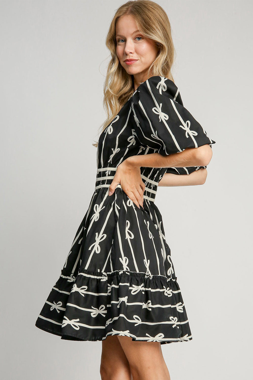 Umgee Ribbon Print Frill Contrast Velvet Trim Half Sleeve Dress