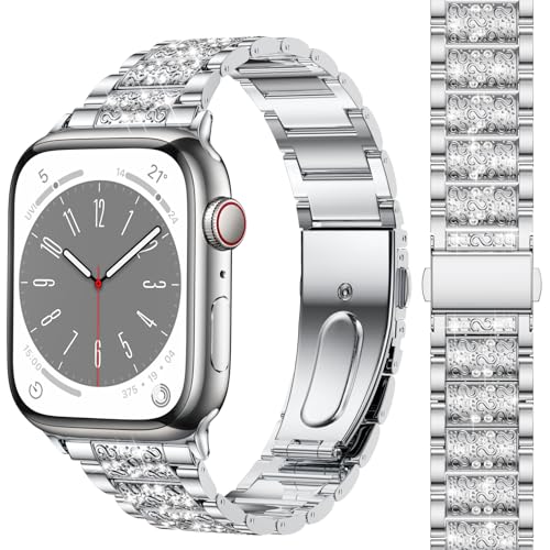 Diamond Rhinestone Stainless Steel Metal Strap Compatible with Apple Watch Band 38mm 40mm 41mm Series 9 8 7 6 5 4 3 2 1 SE, Upgraded Replacement Bracelet iWatch Band