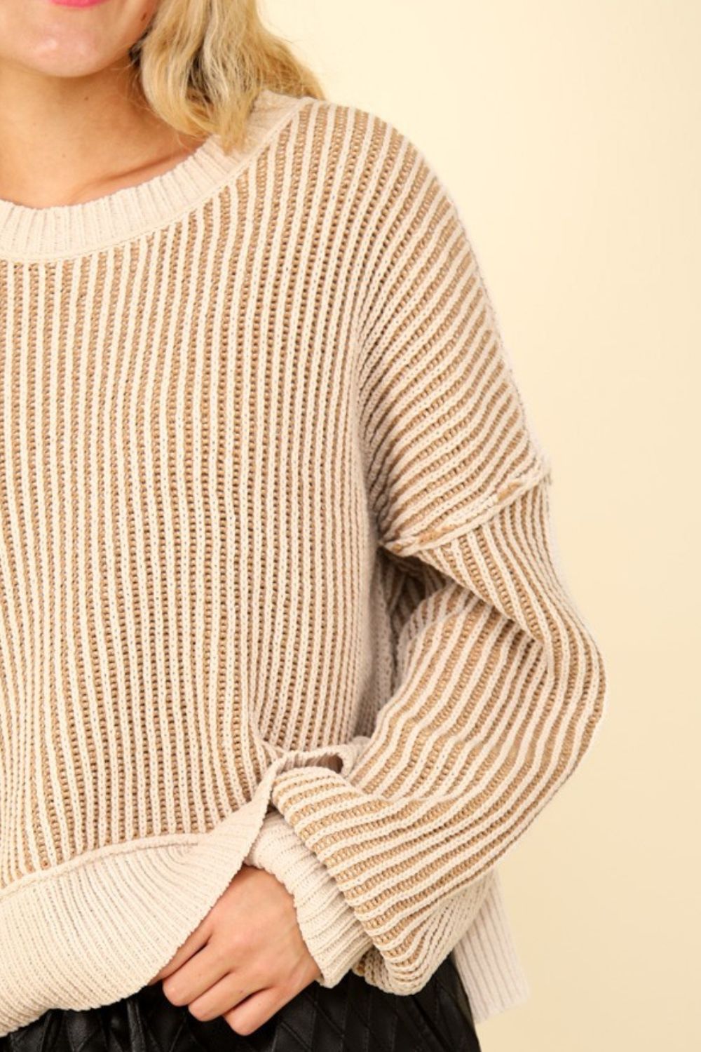 VERY J Exposed Seam Cropped Striped Slit Sweater