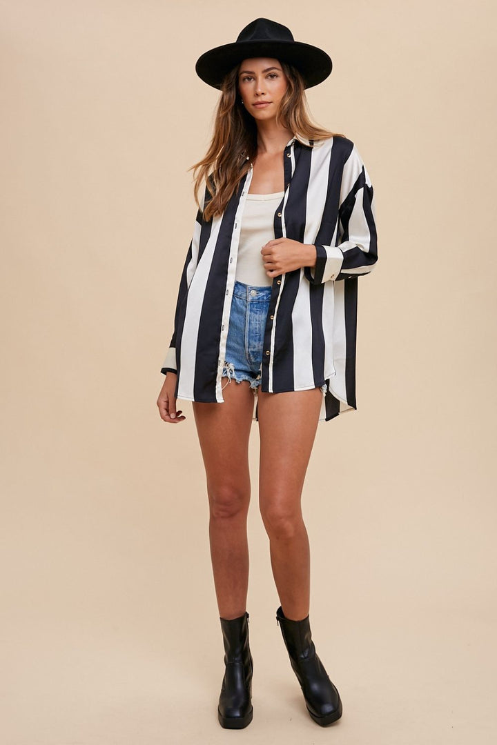 Annie Wear Striped Dropped Shoulder Button Up Shirt