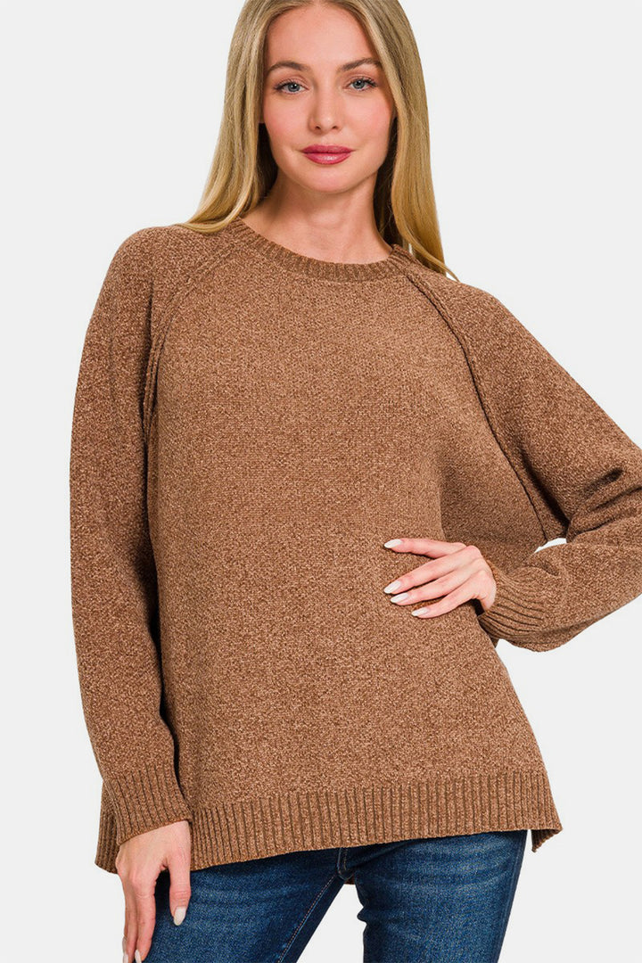 Zenana Side Slit Raglan Sleeve Sweater