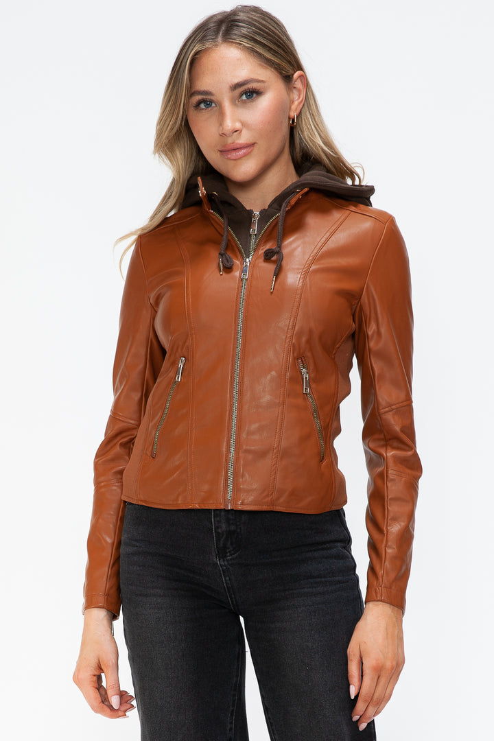 Salvia Ettore Faux Leather Zip Up Drawstring Hooded Jacket