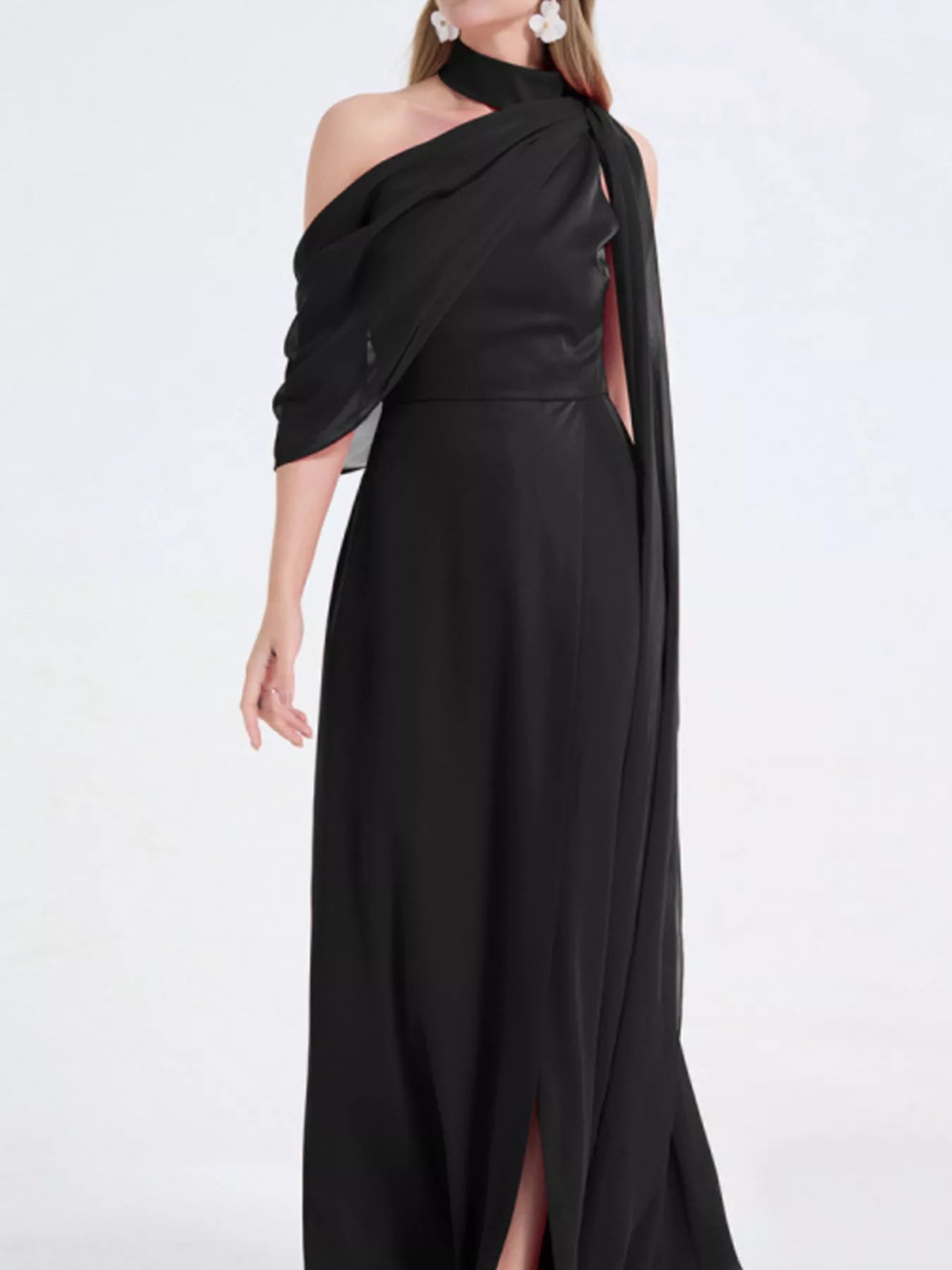 Asymmetrical Neck High Slit Maxi Dress - Red / S Asymmetrical Neck High Slit Maxi Dress - Red / S