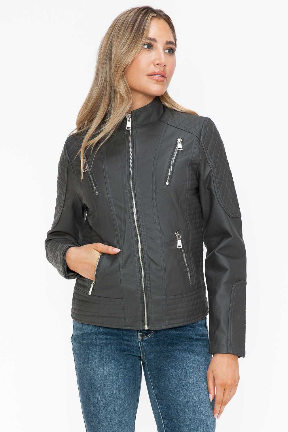 Salvia Ettore Faux Leather Zip Up Mock Neck Jacket