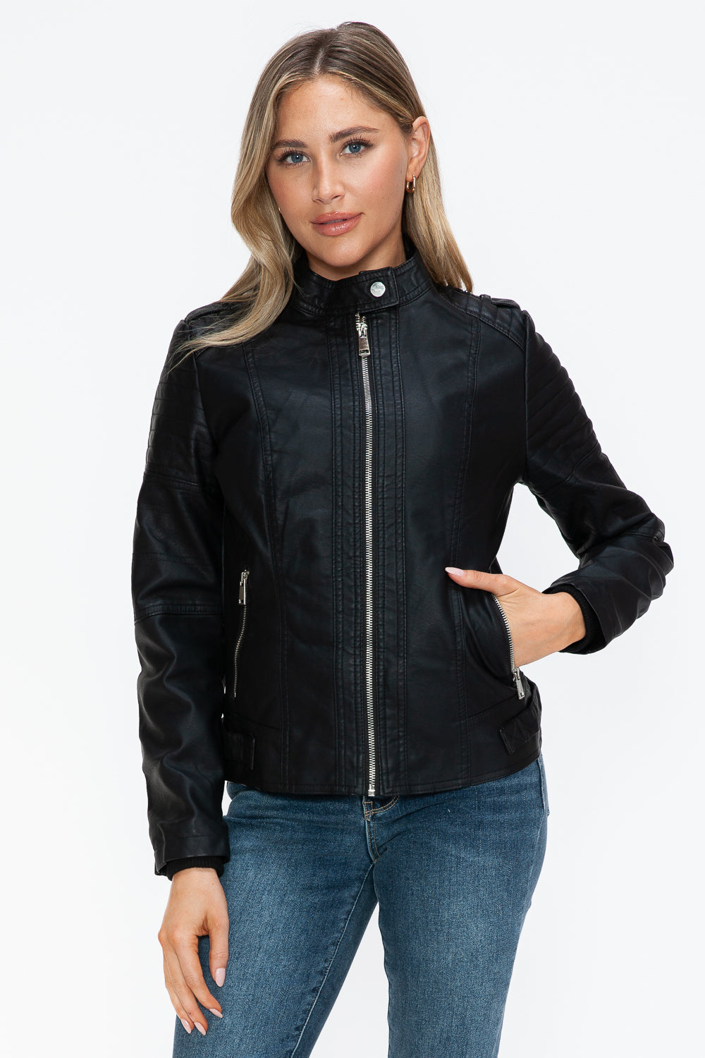 Salvia Ettore PU Leather Biker Jacket with Side Zip Pockets