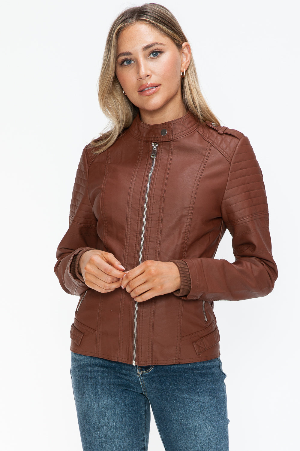 Salvia Ettore PU Leather Biker Jacket with Side Zip Pockets