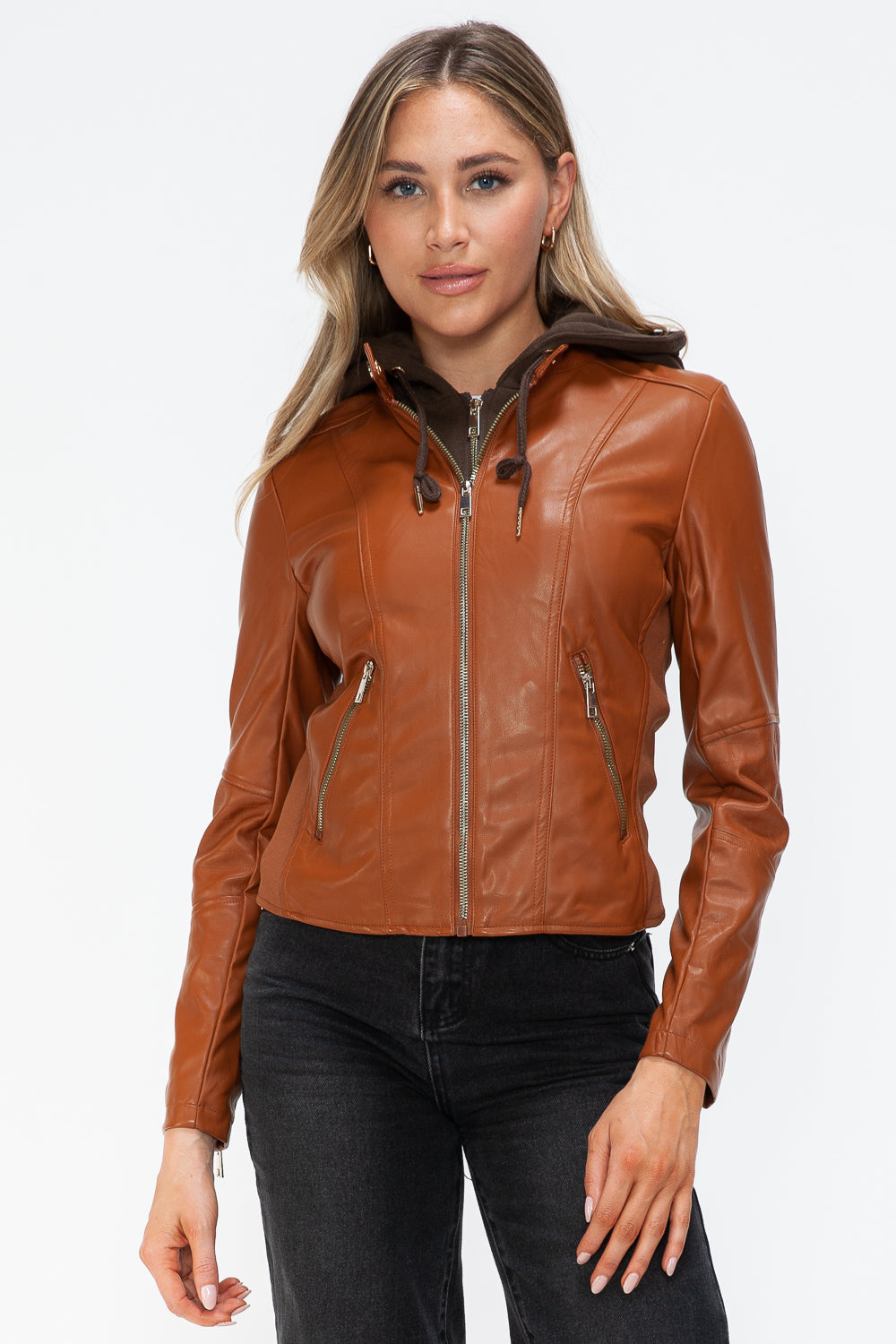 Salvia Ettore Faux Leather Zip Up Drawstring Hooded Jacket