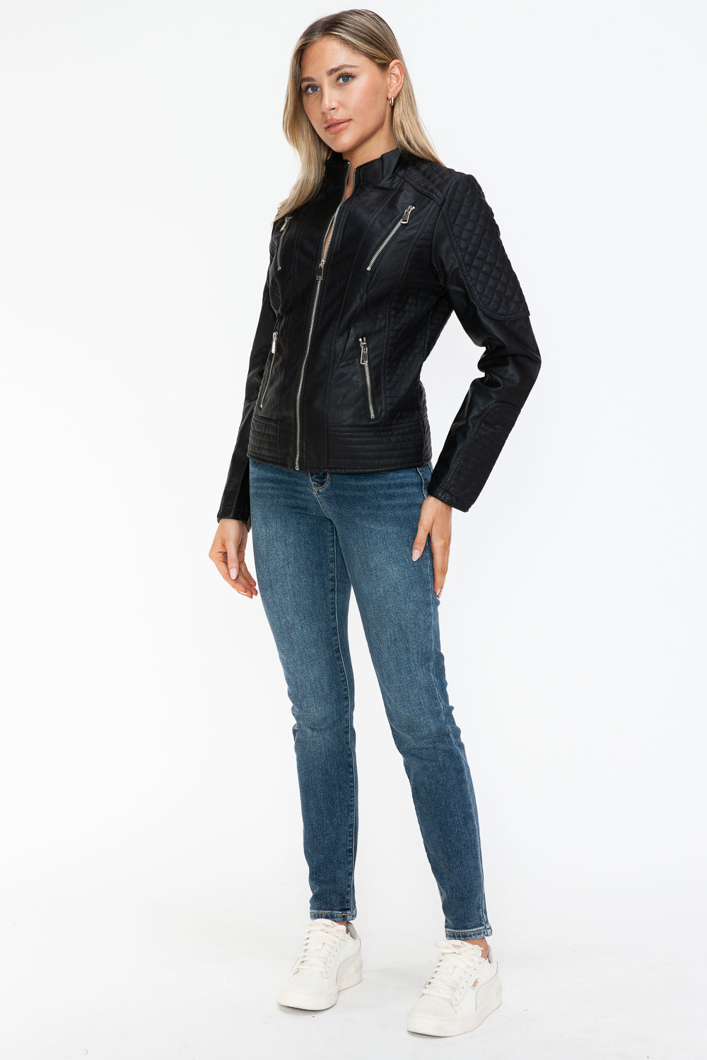 Salvia Ettore Faux Leather Zip Up Mock Neck Jacket