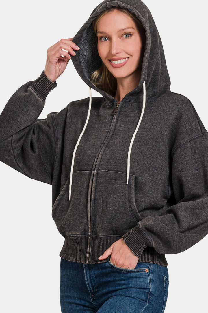 Zenana Acid Wash Fleece Zip-Up Cropped Hoodie