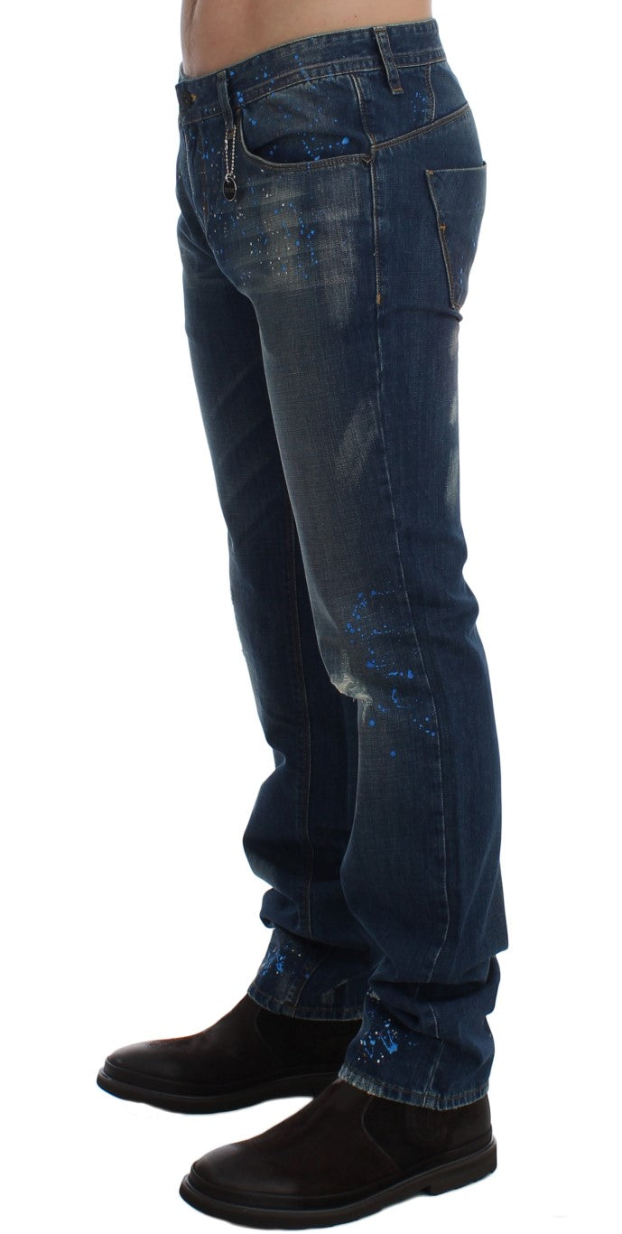 Costume National Chic Blue Wash Painted Slim Fit Jeans