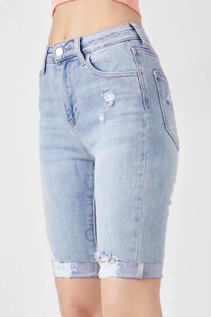 RISEN – Bermudashorts aus Distressed-Denim mit hohem Bund