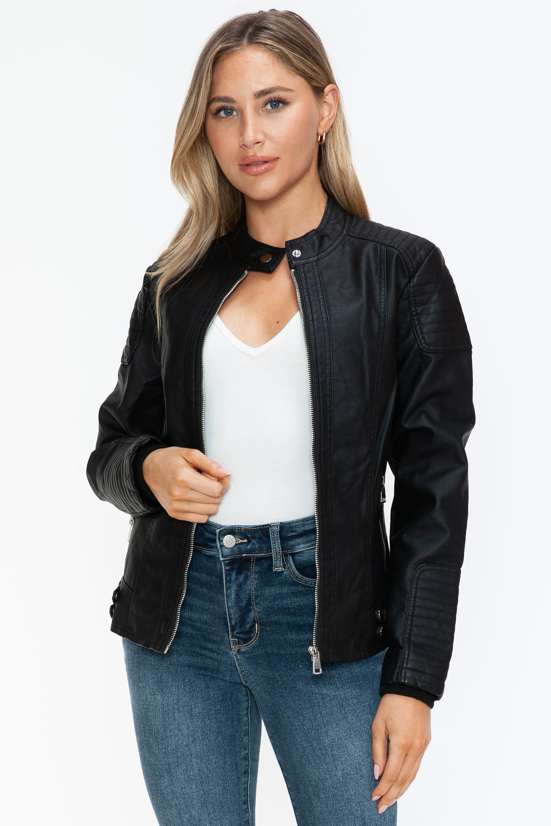 Salvia Ettore Faux Leather Biker Jacket with Side Zip Pockets