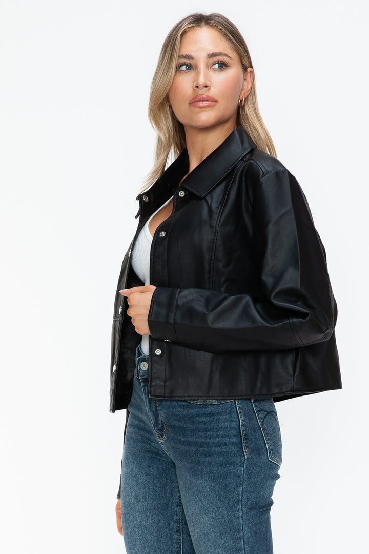 Salvia Ettore Snap Down Long Sleeve PU Leather Jacket