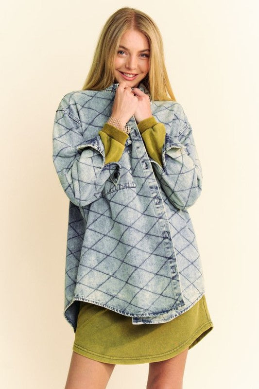 Davi & Dani Curved Hem Diamond Quilted Button Up Denim Shacket