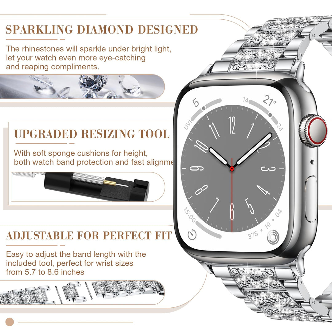 Diamond Rhinestone Stainless Steel Metal Strap Compatible with Apple Watch Band 38mm 40mm 41mm Series 9 8 7 6 5 4 3 2 1 SE, Upgraded Replacement Bracelet iWatch Band