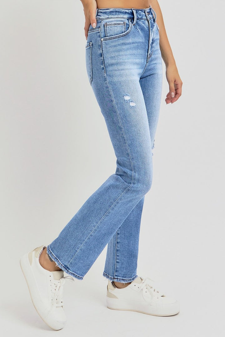 RISEN – High-Waist-Jeans mit geradem Bein in voller Größe im Used-Look