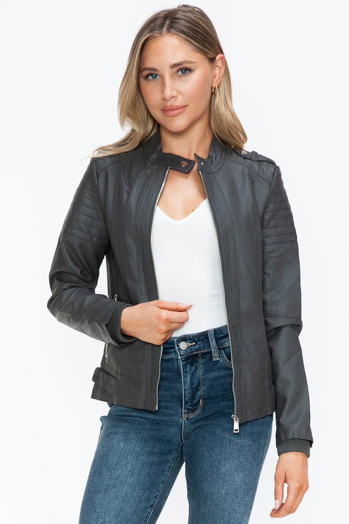 Salvia Ettore PU Leather Biker Jacket with Side Zip Pockets