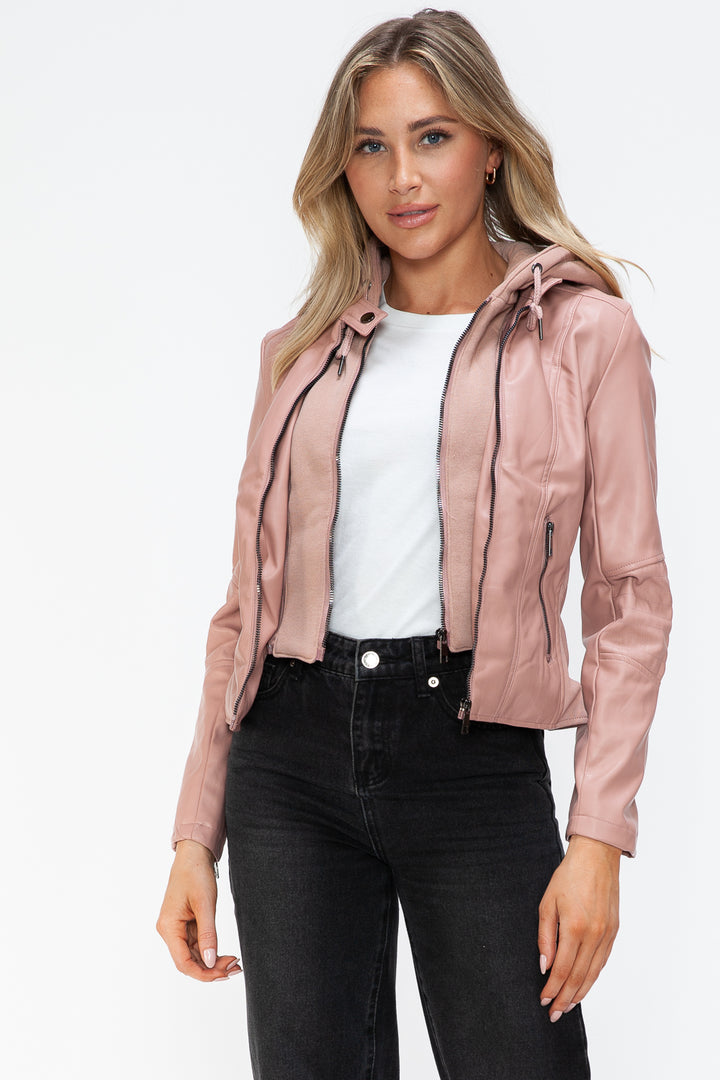 Salvia Ettore Faux Leather Zip Up Drawstring Hooded Jacket