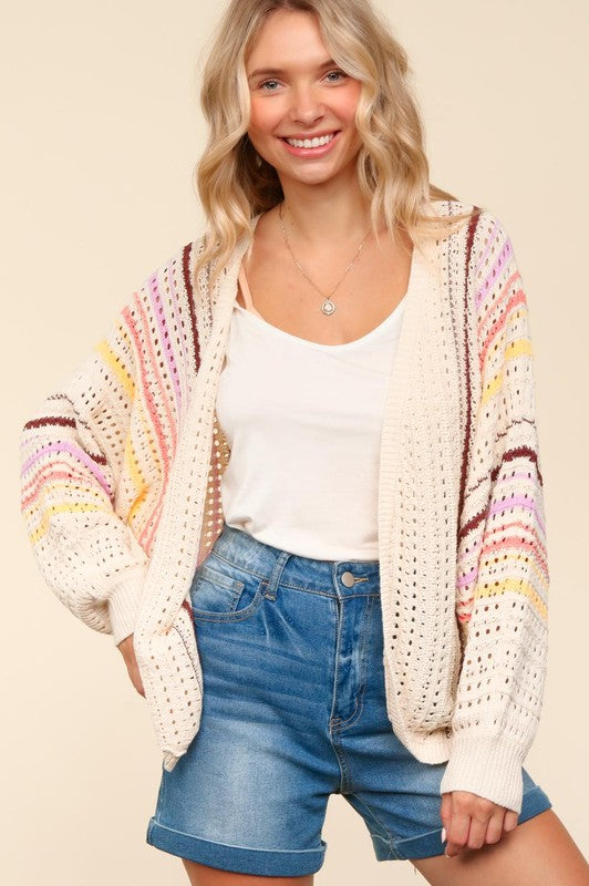 Haptics Full Size Striped Crochet Open Front Cardigan