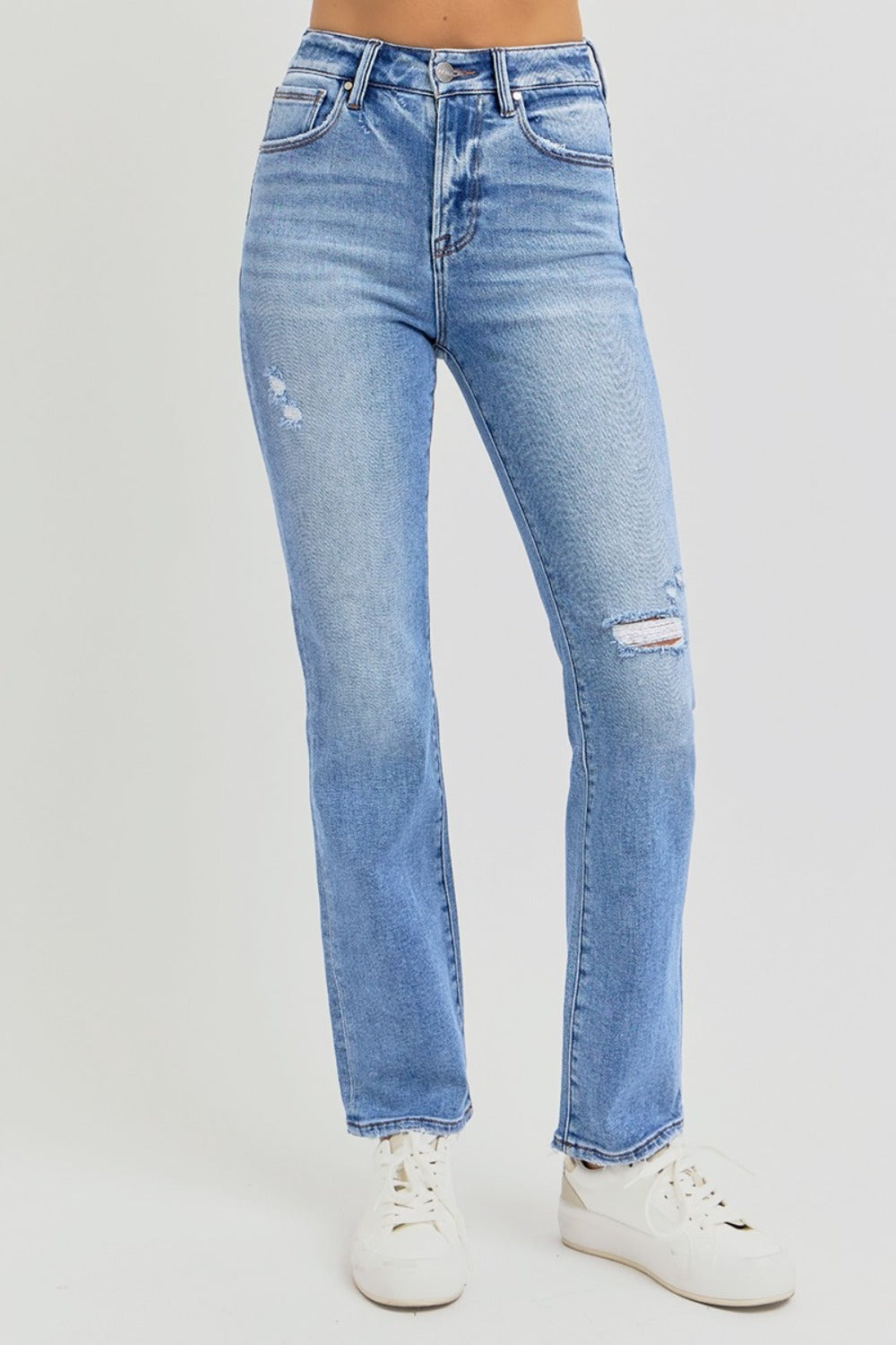 RISEN – High-Waist-Jeans mit geradem Bein in voller Größe im Used-Look