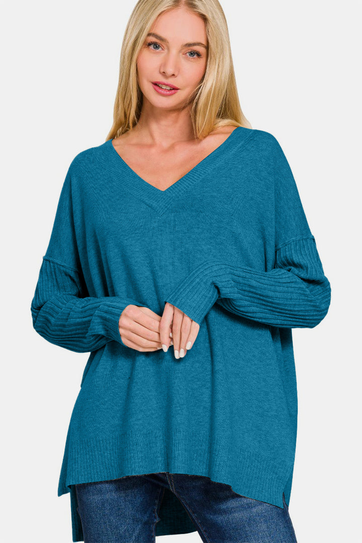 Zenana Pullover mit V-Ausschnitt und seitlichem Schlitz