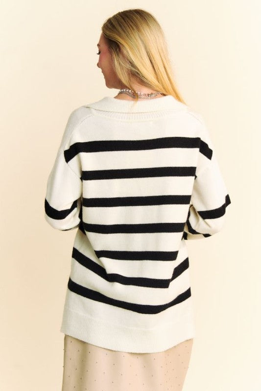 Davi & Dani High-Low Side Slit Striped Johnny Collar Sweater