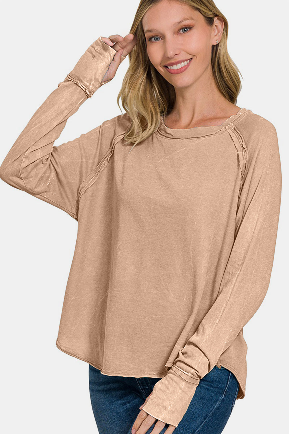 Zenana Round Neck Thumbhole Long Sleeve T-Shirt