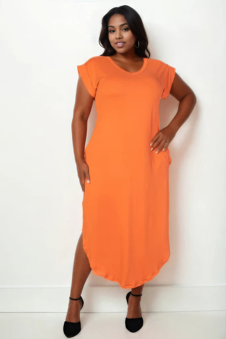 Plus Size Winged Sleeve Side Slit Dress Orange