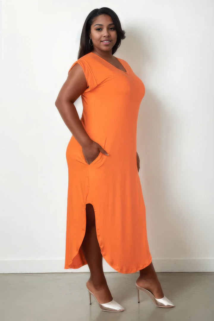 Plus Size Winged Sleeve Side Slit Dress Orange