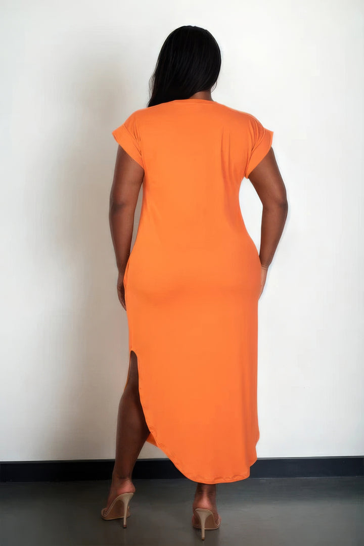 Plus Size Winged Sleeve Side Slit Dress Orange