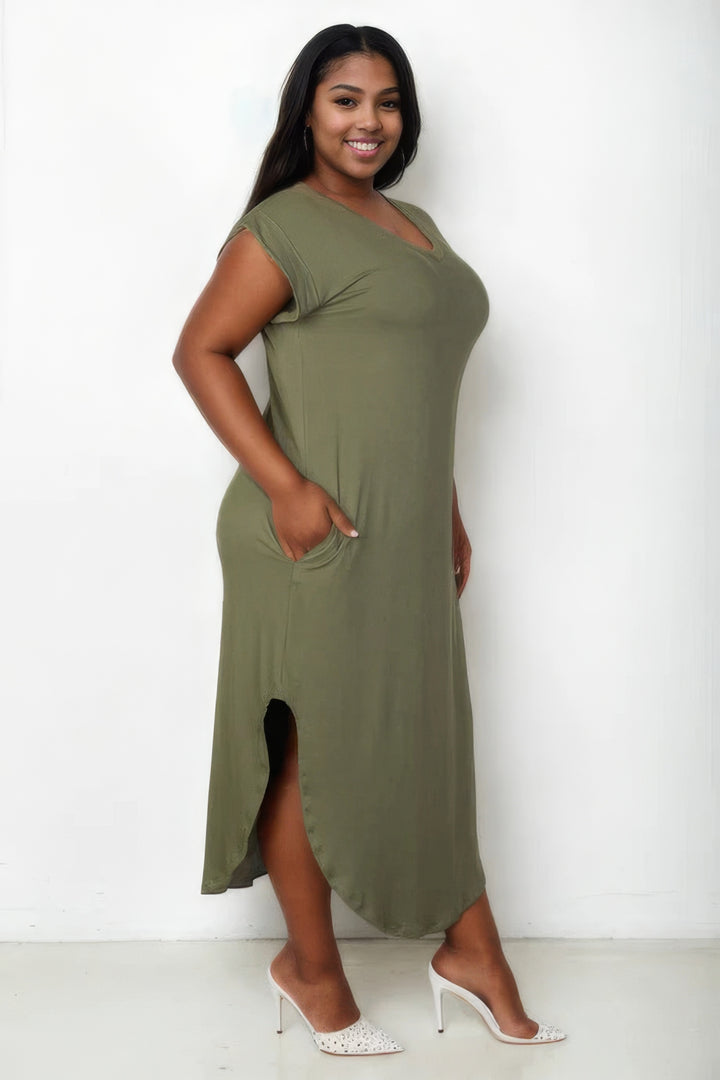 Plus Size Winged Sleeve Side Slit Dress Forest