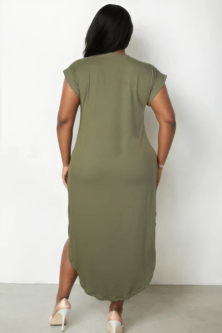 Plus Size Winged Sleeve Side Slit Dress Forest