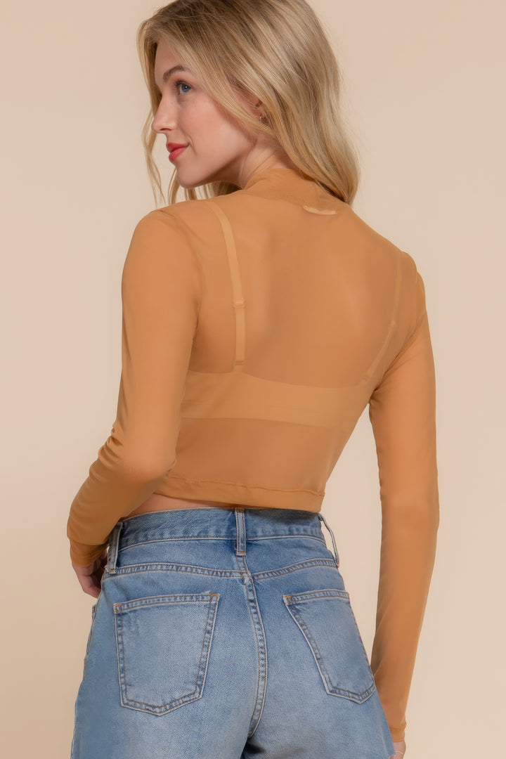 Long Sleeve Mock Neck Mesh Top